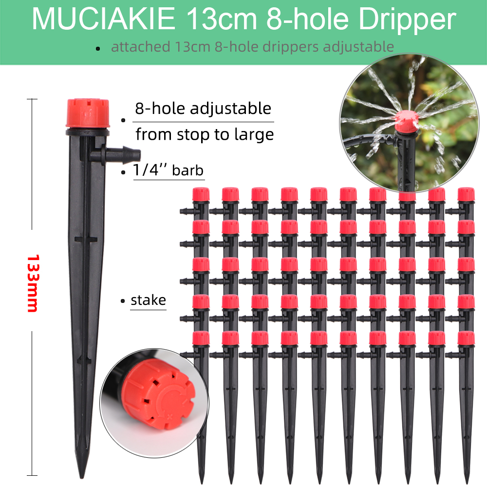 13CM Drip Irrigation System 1/4'' Hose Adjustable Sprinkler Kit 4-Way Micro Watering Flow for Garden Flowers Vegetables
