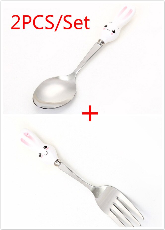 3/2/1 pièces/ensemble bébé enfants alimentation en acier inoxydable dessin animé belle couverts occidentaux pour la vaisselle de cuisine de ménage: rabbit set