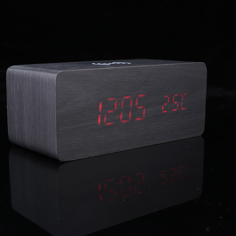 Digital Home Decoration Wooden Electric Alarm Clock with Wireless Charging Pad LED Digital Charger for BedroomUSB Charging Cable