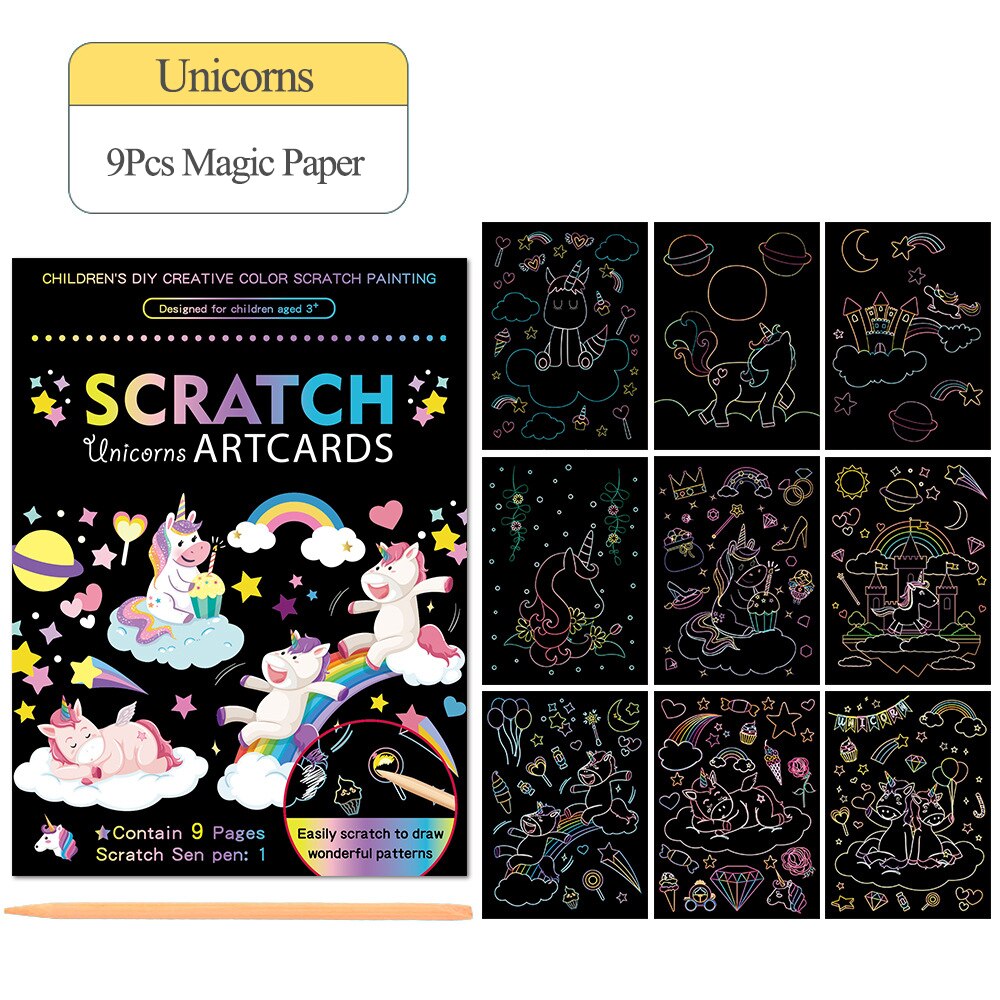 9 Stks/set Magic Rainbow Scratch Artcards Kinderen Schilderen Card Kit Cartoon Dinosaurus Eenhoorn Tekening Kids Diy Educatief Speelgoed: Unicorns