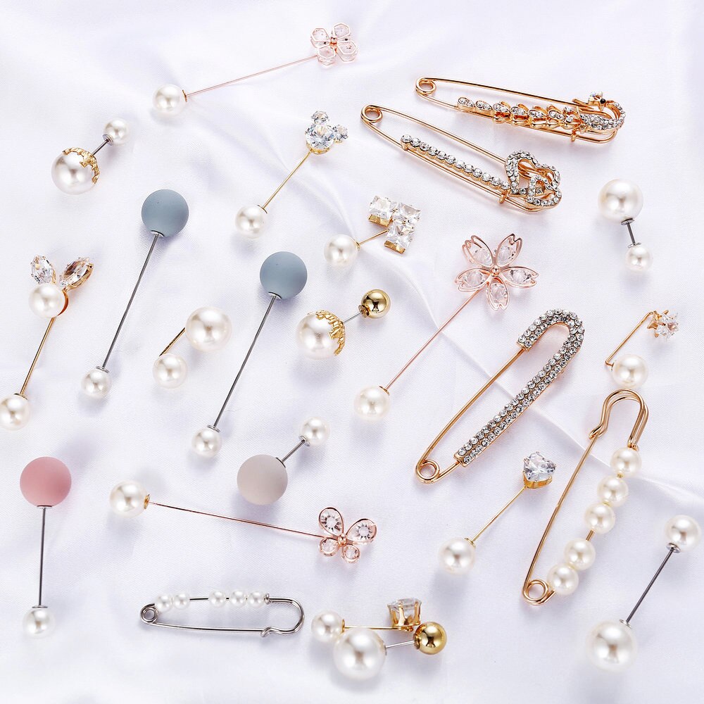 Broche à Double tête en Imitation de perles, Simple, grande broche, strass, couleur or, , Cardigan, vêtements, accessoires