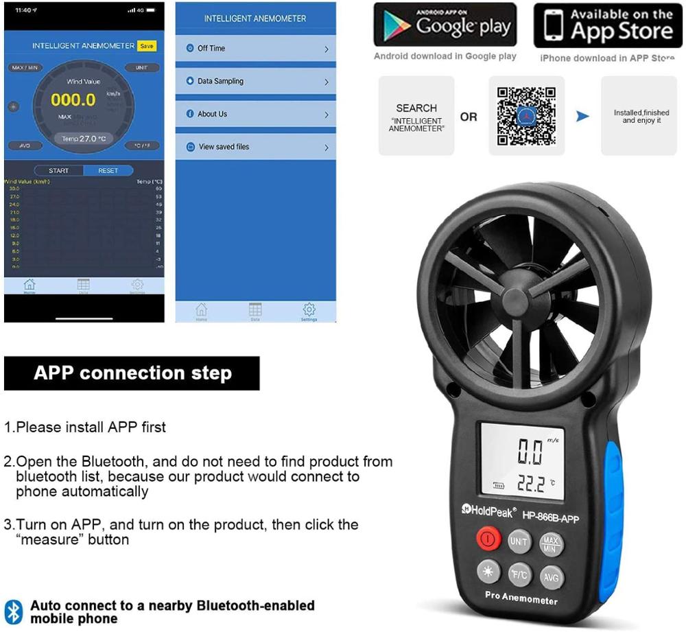Smart APP Control &Record Supported,Handheld Air Flow Meter,Wind Speed Meter for Measuring Wind Speed,Temperature and Wind Chill