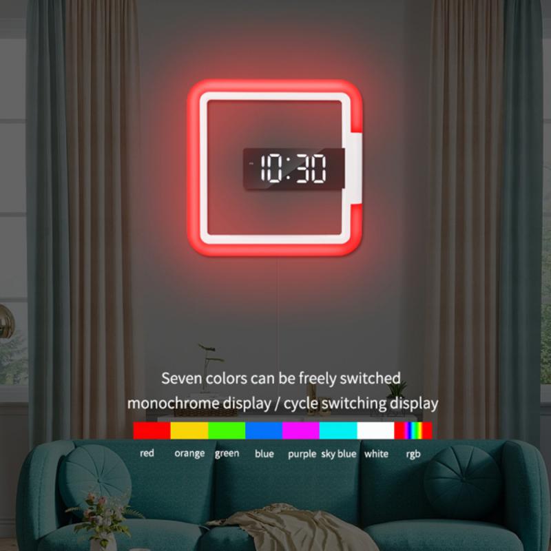 LED Wall Clock Remote Control Digital Wall Clock Mirror Alarm Clock With Temperature Ring Multicolor Hollow Wall Light