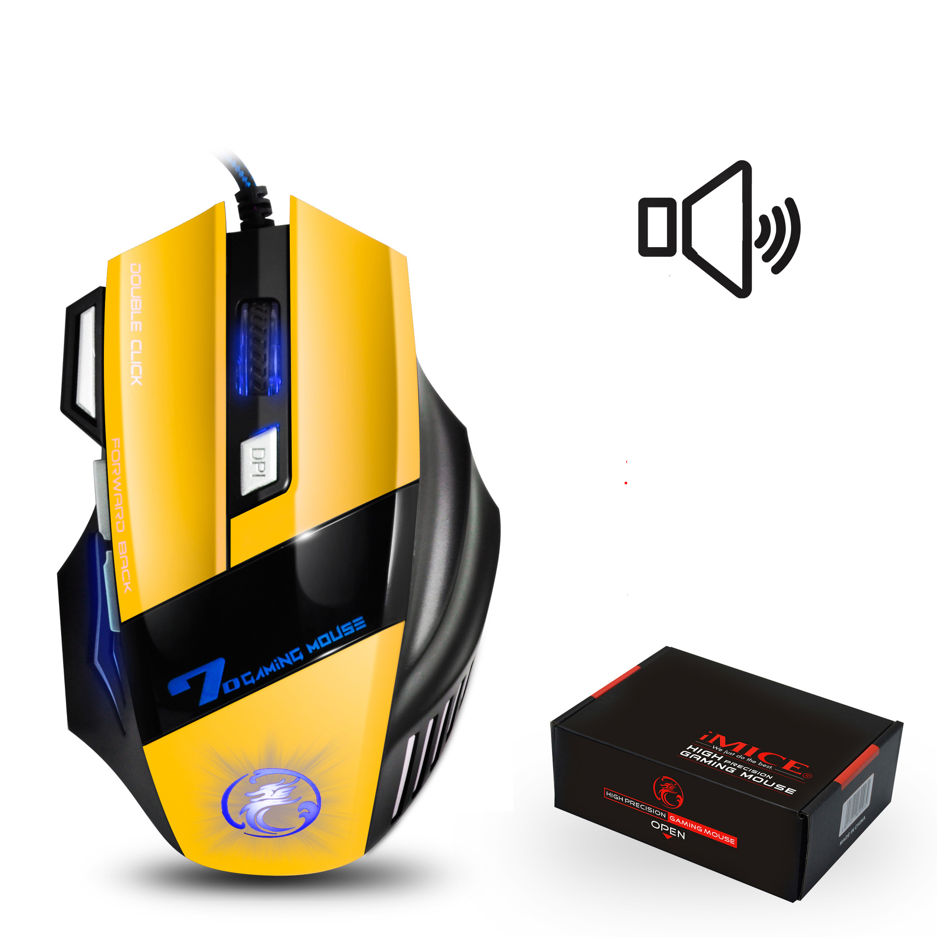 Ergonomic Wired Gaming Mouse 7 Button Colorful Luminous Mouse USB Gaming Mouse X7 for PC Laptop: Sound yello -box