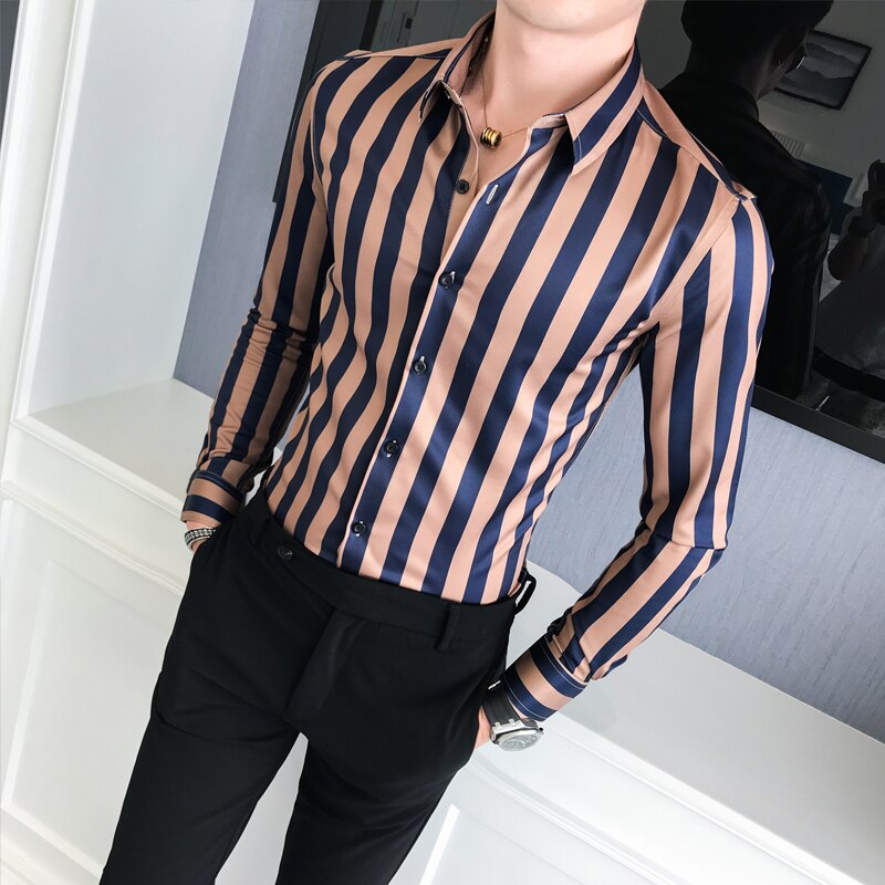 Stripet skjorte herre business slim langermet skjorte lav krage herre sosial klubb fritidsskjorte herre topp