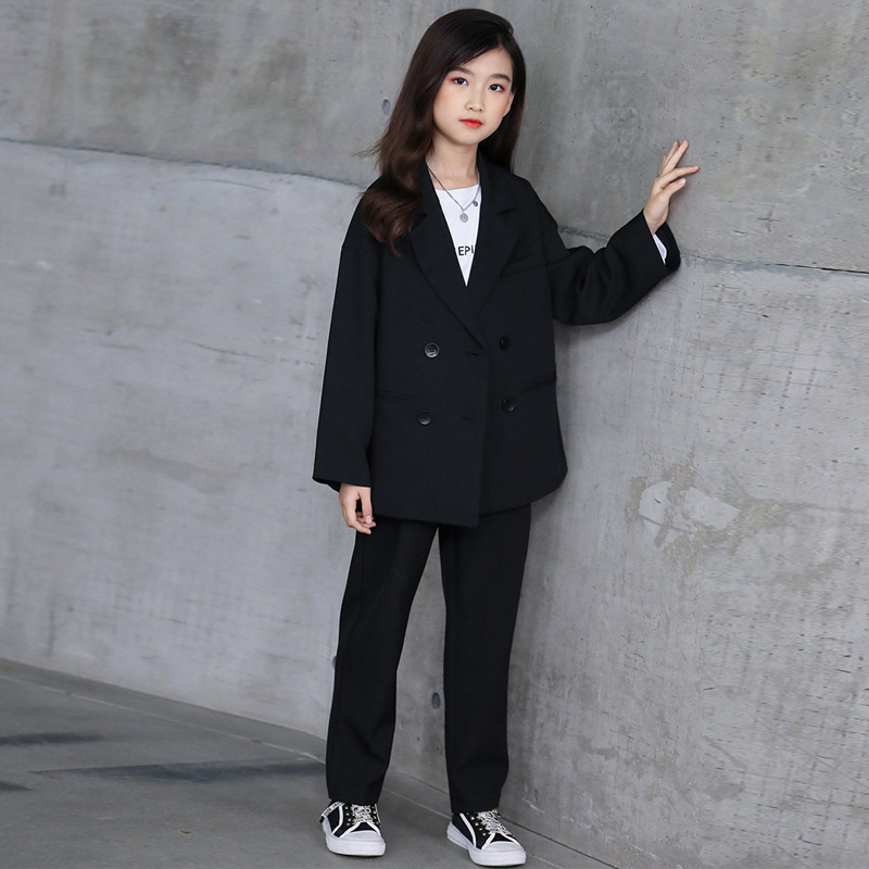 2022 novas crianças meninas meninos ternos coréia streetwear moda casual solto duplo breasted terno blazers jaqueta calça crianças adolescente