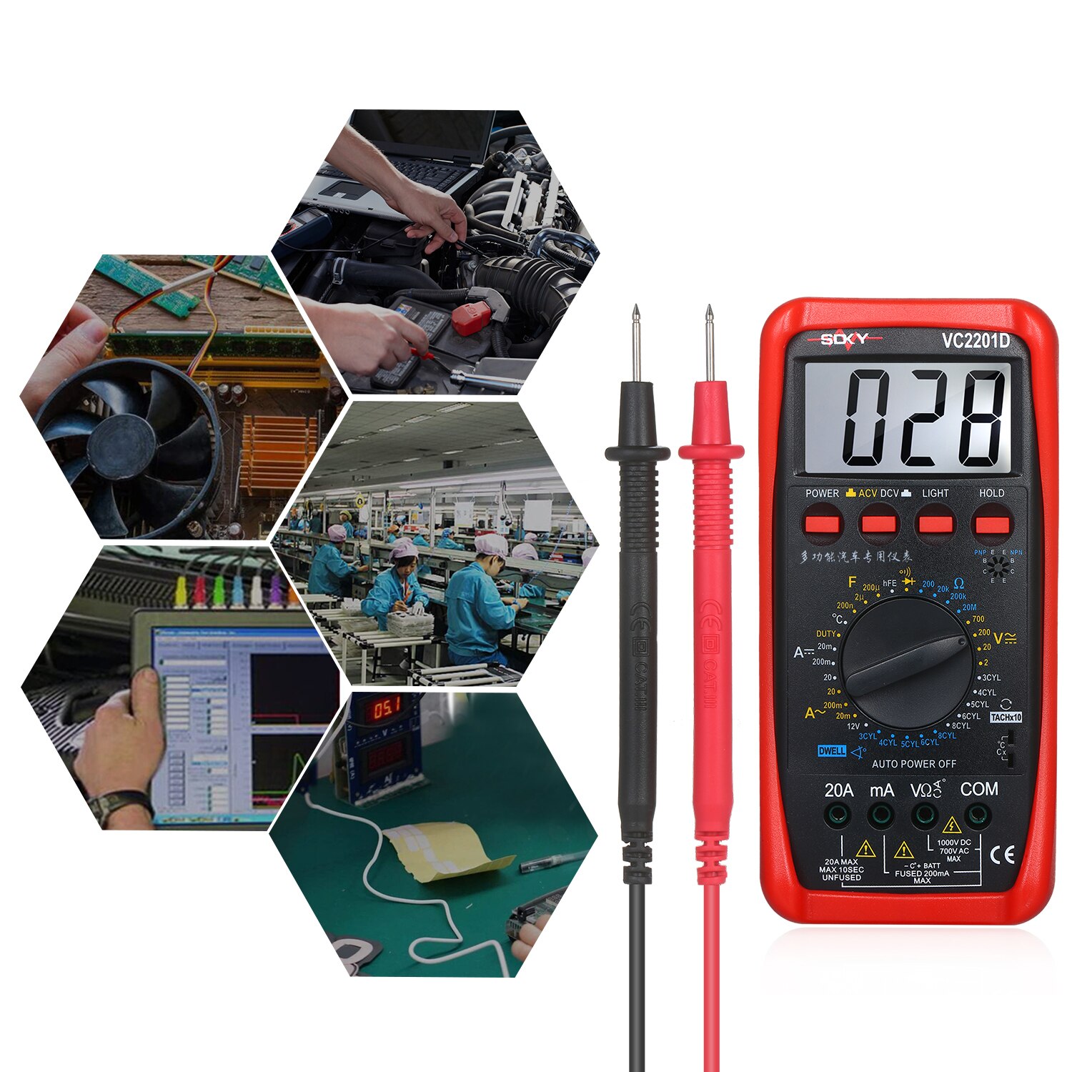 Digital multimeter bilmåler tester med batteri alligator clips testledninger ac/dc voltmeter amperemeter ohmmeter test