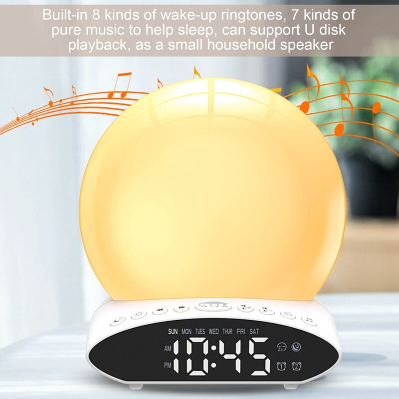 Wake Up Light Alarm Clock Digital Night Lamp Clock Colorful Simulation Sunrise and Sunset Music FM Radios Bedside Light