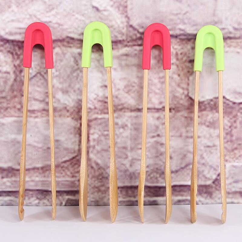 Herramientas de pinza de cocina para barbacoa, utensilios de cocina, pinzas de bambú para comida tostar, utensilios de madera para pastel, ensalada bolsa con Clip para aperitivos, mango de silicona para pan