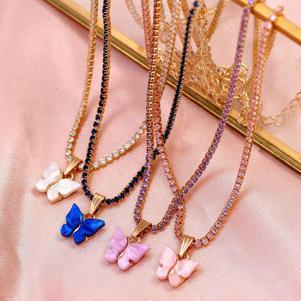 Trendy 2mm AAA Zircon Tennis Chain Necklace For Women Blue Pink Butterfly Pendant Necklace Hip hop Rock Jewelry