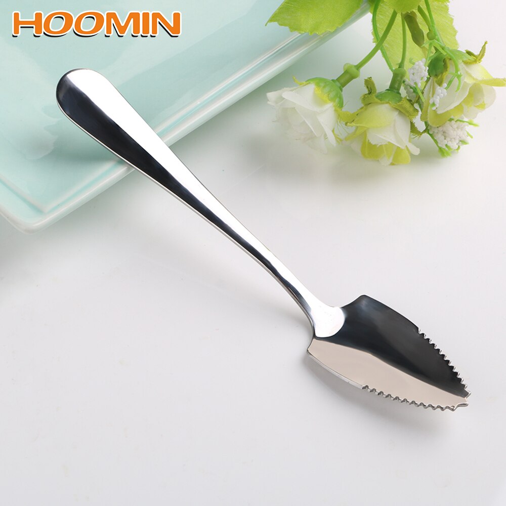 HOOMIN, cuchara para fruta, pomelo, mango largo de acero inoxidable, 15,5 cm, cuchara para té, vajilla, cubiertos, borde dentado
