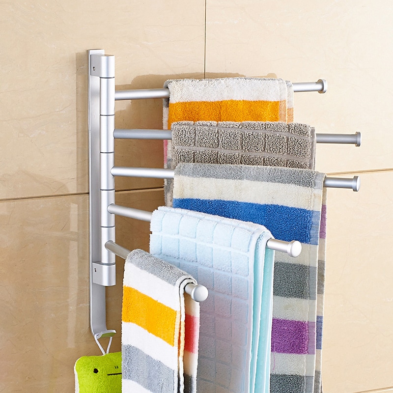 Vægmonteret håndklædestativ badeværelse drejelig håndklædeholder plads aluminium svingarm håndklædebøjle drejestænger bad køkkenhylde