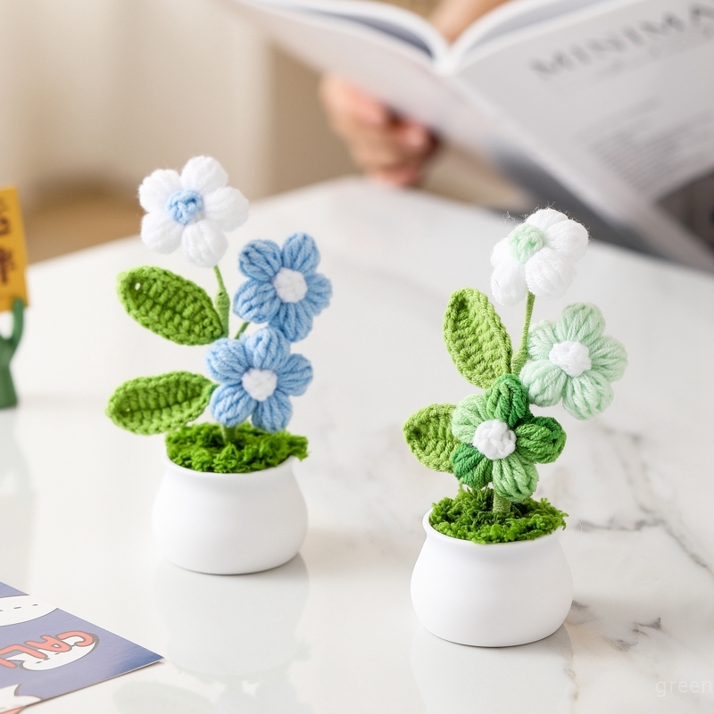 Plantas en macetas pequeñas de ganchillo hechas a mano, bonita flor de simulación, decoración Interior de escritorio para oficina y coche, de flores artificiales