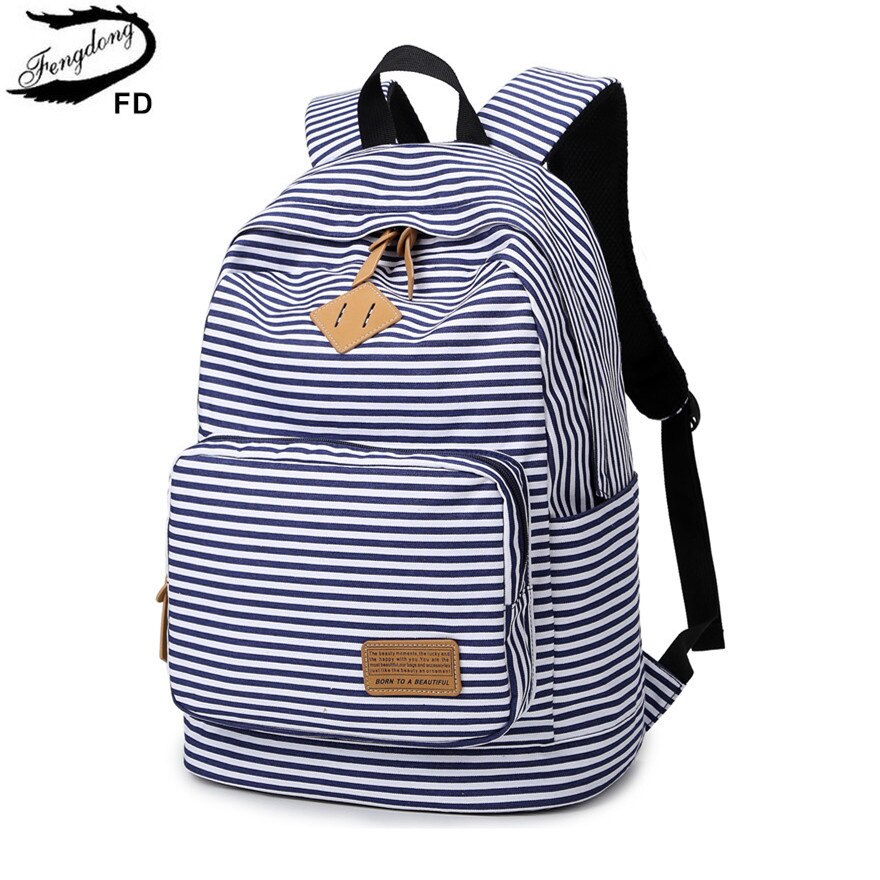 Fengdong School Rugzak Voor Meisjes Blauw En Wit Gestreepte Boek Tas Vrouwelijke Mode Rugzak Canvas Schooltas Meisje Satchel