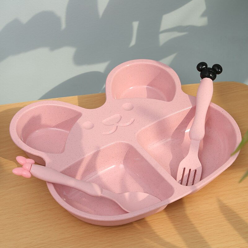 Wheat Straw Children Cartoon Bear Tableware Set Baby Dinner Plate Feeding Dishes Baby Training Bowl Spoon Fork for Kids Eating