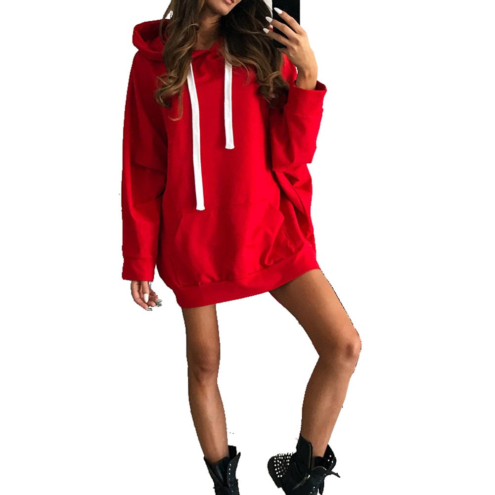 Women Long Hooded Sweatshirt Long Sleeve Solid Color Loose Hoodies Coat ALS88