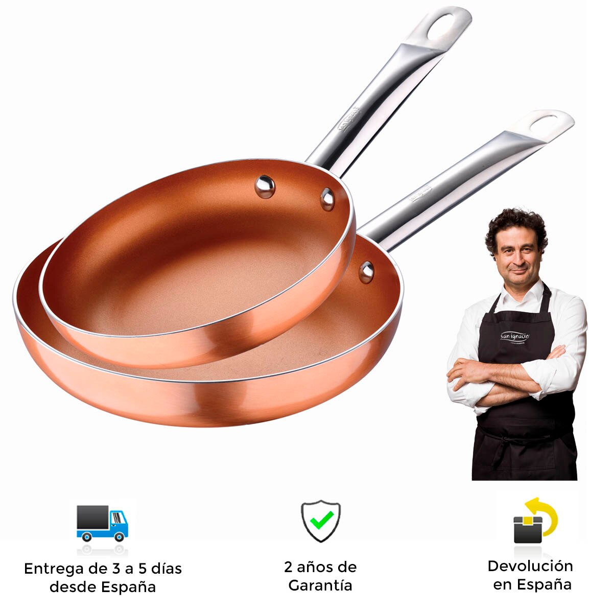 Set 2 Sartenes Cooper Plus De San Ignacio, 20 + 24 Cm, Geperst Aluminium, Koper Afwerking, elegante, Sterke, Duurzame Non Stick, Ergonomisch Handvat, Eenvoudige Reiniging, Uniform Warmte,