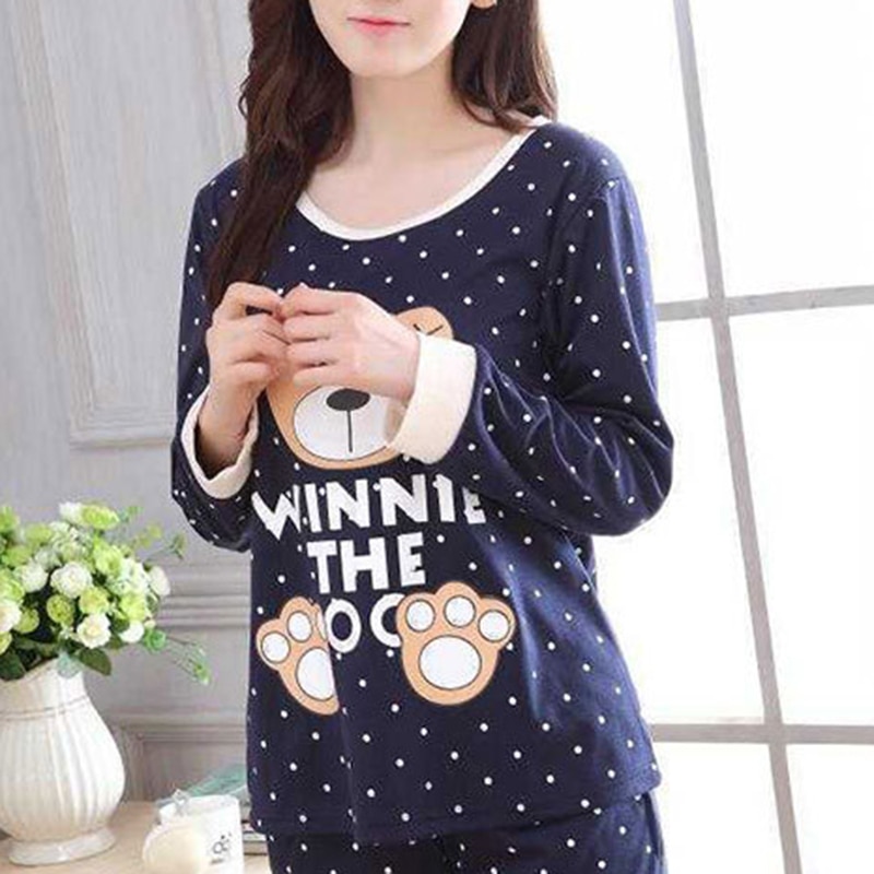 Pijamas cálidos de franela de Otoño Invierno para mujer conjuntos de ropa de dormir de manga larga suave con lindo patrón de oso