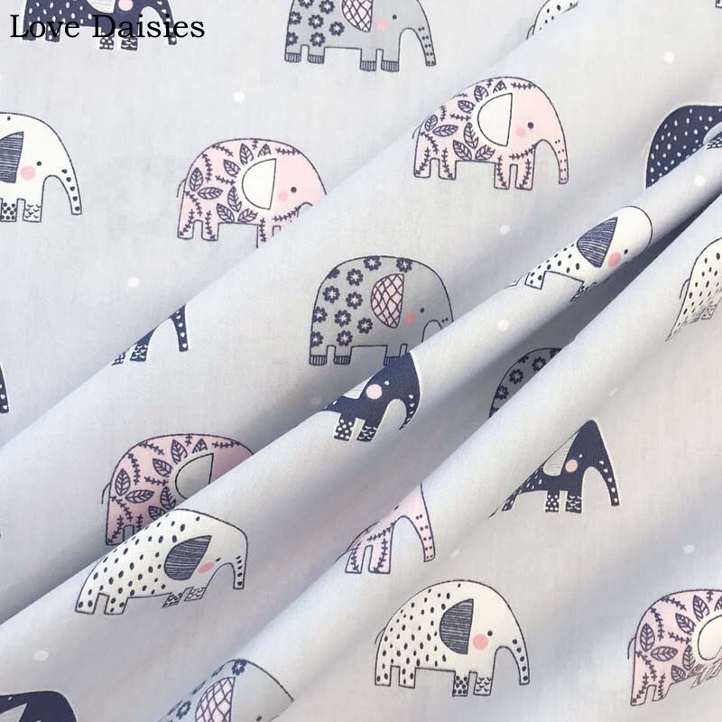 Tela de sarga de algodón para tejido de elefante pequeño de dibujos animados, gris y rosa, para ropa de cama de cuna, cojín, Sábana, decoración de trabajo manual
