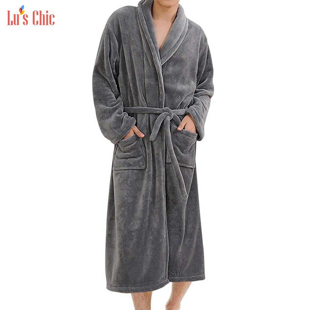 Lu's elegant menn fleece kappe plysj kimono badekåpe vintermyk varm lang nattkåpe husfrakk