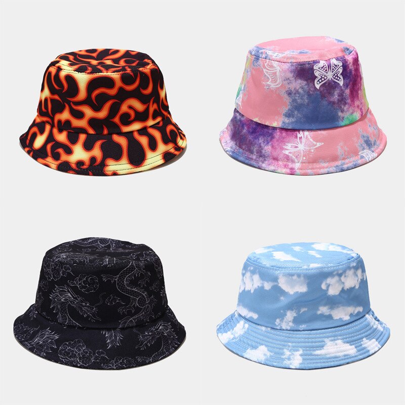Sombrero de pescador con estampado de mariposa y nube de fuego para hombre y mujer, gorro de pescador con estampado de dragón, estilo Hip Hop, Unisex, 2021Tie Dye