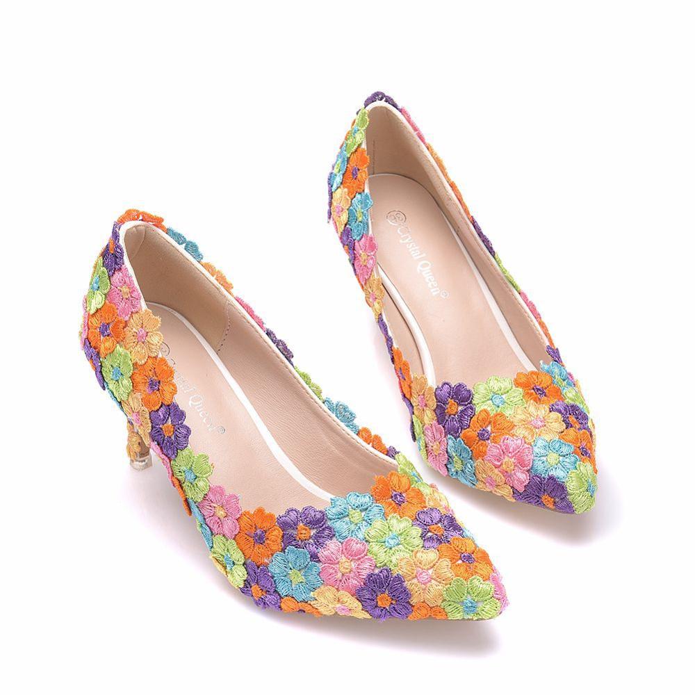 Crystal queen kvinnor skor mångfärgad spets bröllopsskor 7cm höga klackar stor storlek skor sweet pumps prinsess festklackar
