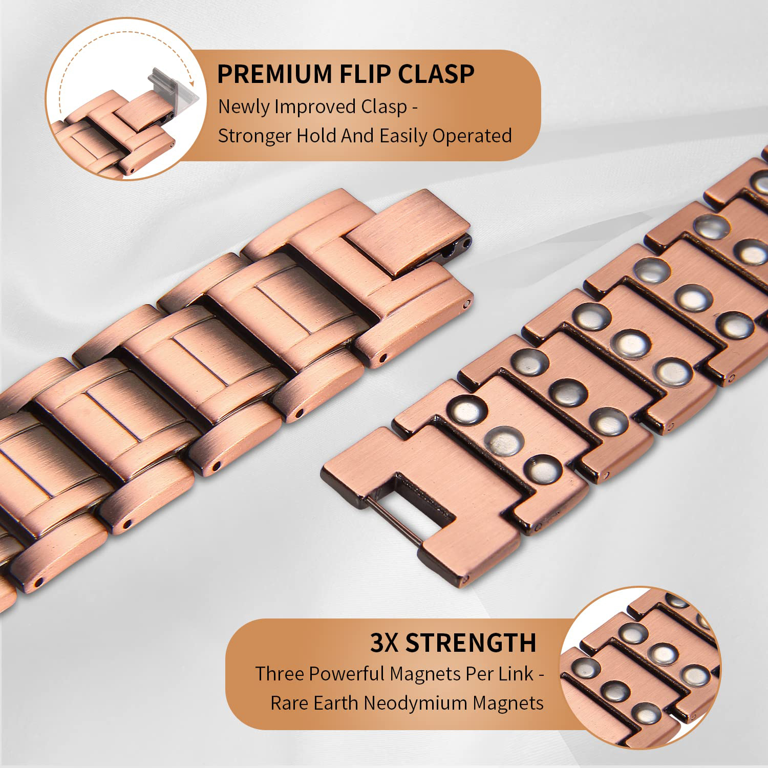 3x Sterkte Koperen Armbanden Voor Mannen Puur Koperen Magnetische Armband Met 3 Rij Neodymium Magneten Verstelbare Lengte Voor Mannen