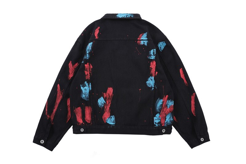Originele Verf Gedrukt Graffiti Mannen Zwart Denim Jasje Hiphop Streetwear Mannen Casual Denim Jeans Jas
