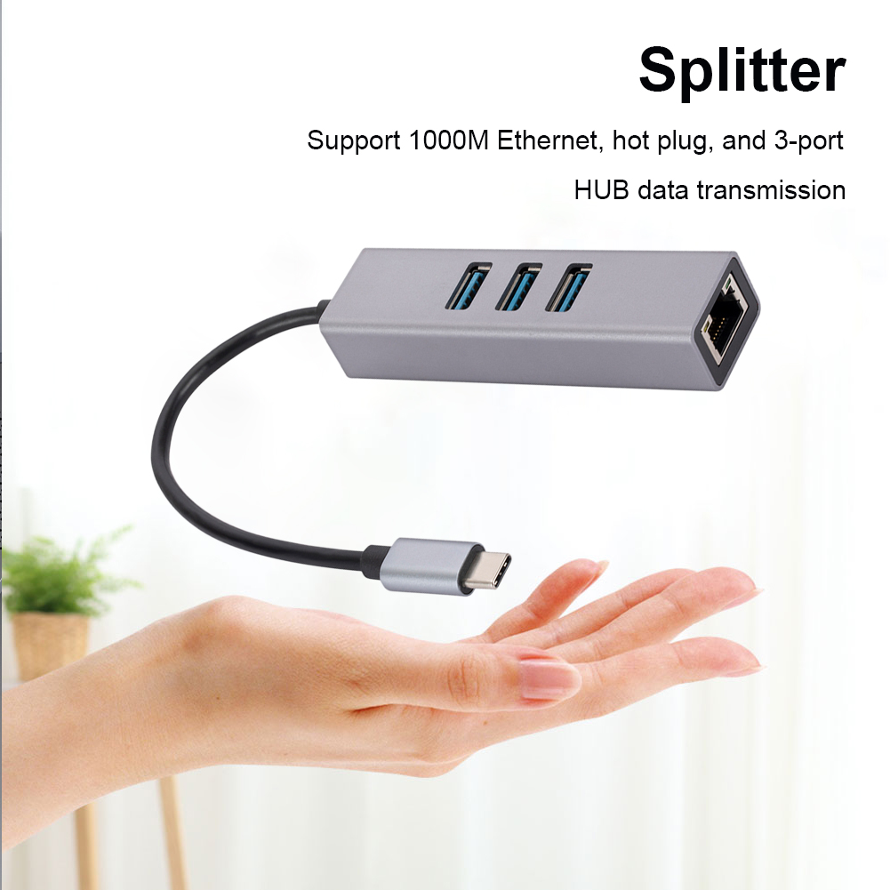 Koncentrator USB 3.0 rodzaj-C 4w1 1000Mbps RJ45 LAN Ethernet adapter 3 porty USB3.0 5Gbps OTG Rozdzielacz Karta sieciowa robić laptopów PC Szary