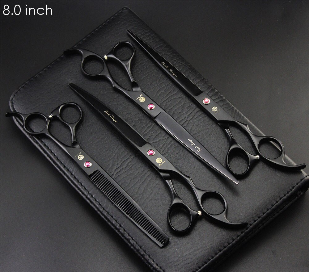 4pcs/set Pet Grooming Scissors Set 7 inch 8 inch Straight+ Curved +Thinning Shears Sharp Edge Hair Cutting Scissors: 8 inch Black