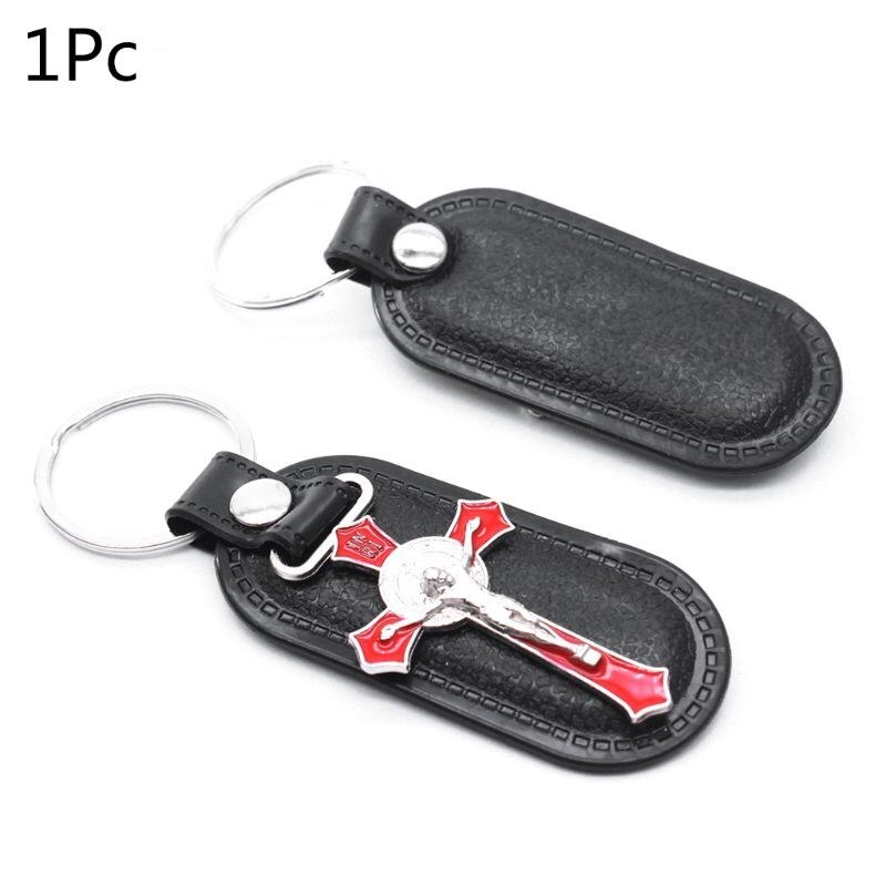 Christian Jesus Cross Leather Keychain Religious Key Ring Jewelry Bag Pendant Car Souvenirs for Women Men: Red