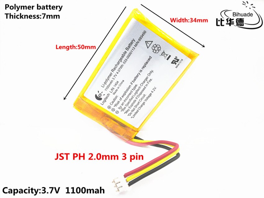 Jst  ph 2.0mm 3 -pin-akku, gute qualität, 3.7v,1100 mah , ,703450- polymer-lithium-ionen-akku (li-ion) für spielzeug, powerbank, gps ,mp3,mp4