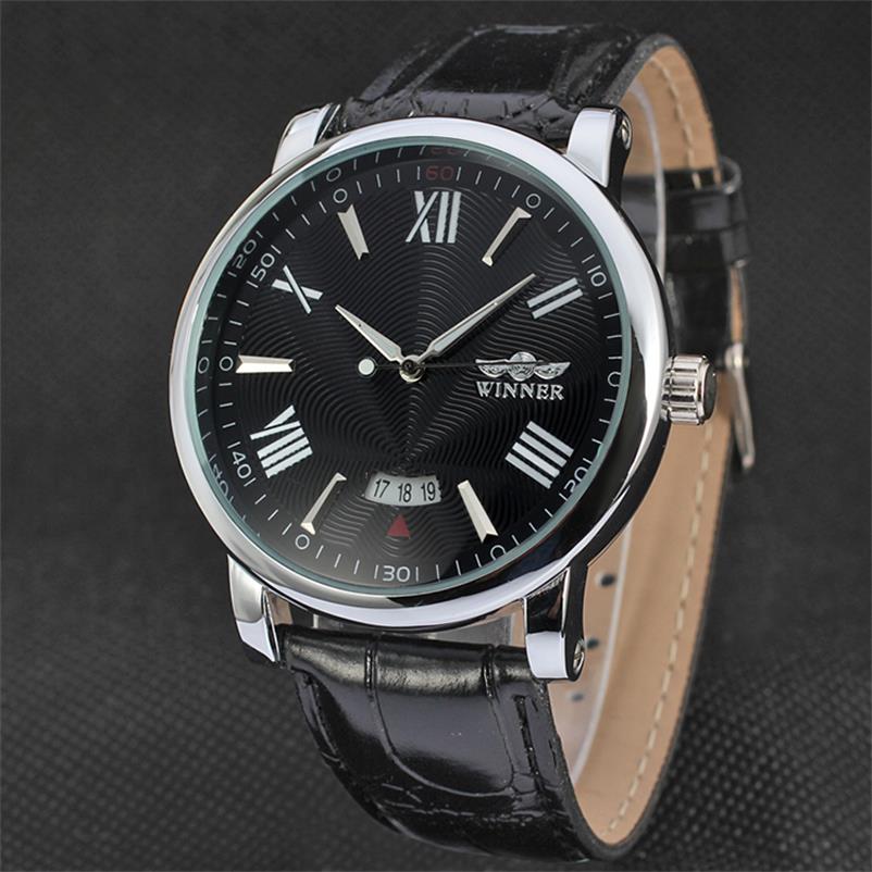 Winnaar Auto Datum Rose Gouden Mechanische Classic Rome Dial Self-Kronkelende Horloges Business Casual Unisex Lederen Horloge: Black