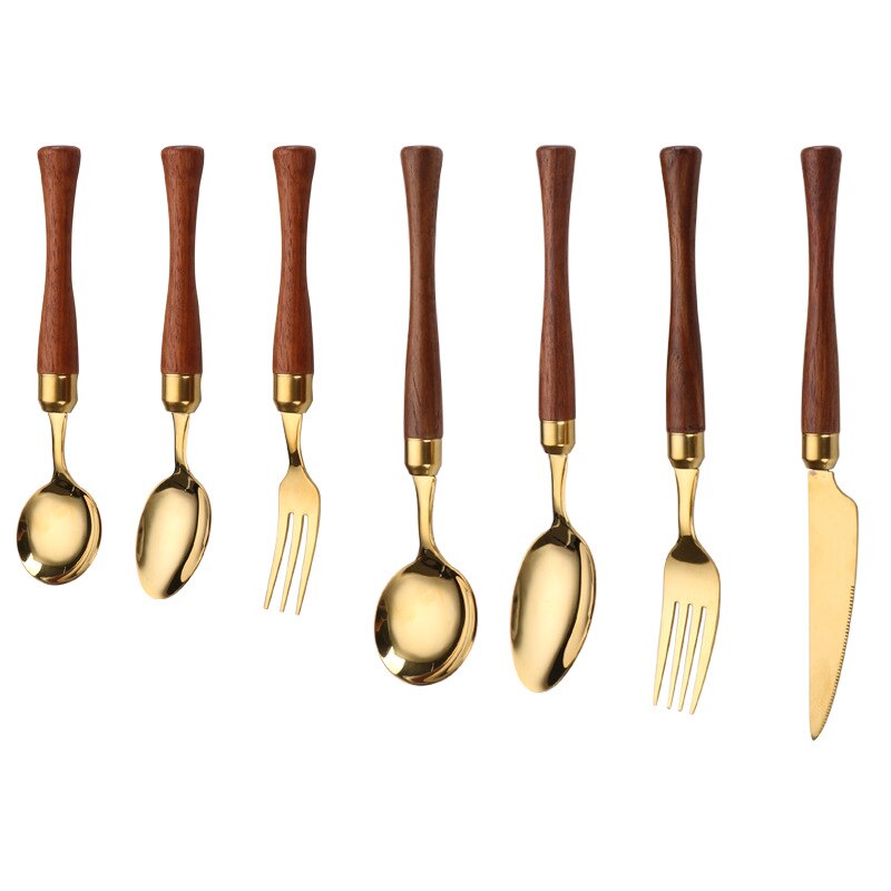 1 Pc Houten Handvat Roestvrij Staal Bestek Westerse Servies Servies Lepels Theelepels Vork Messen Thuis Keukengerei
