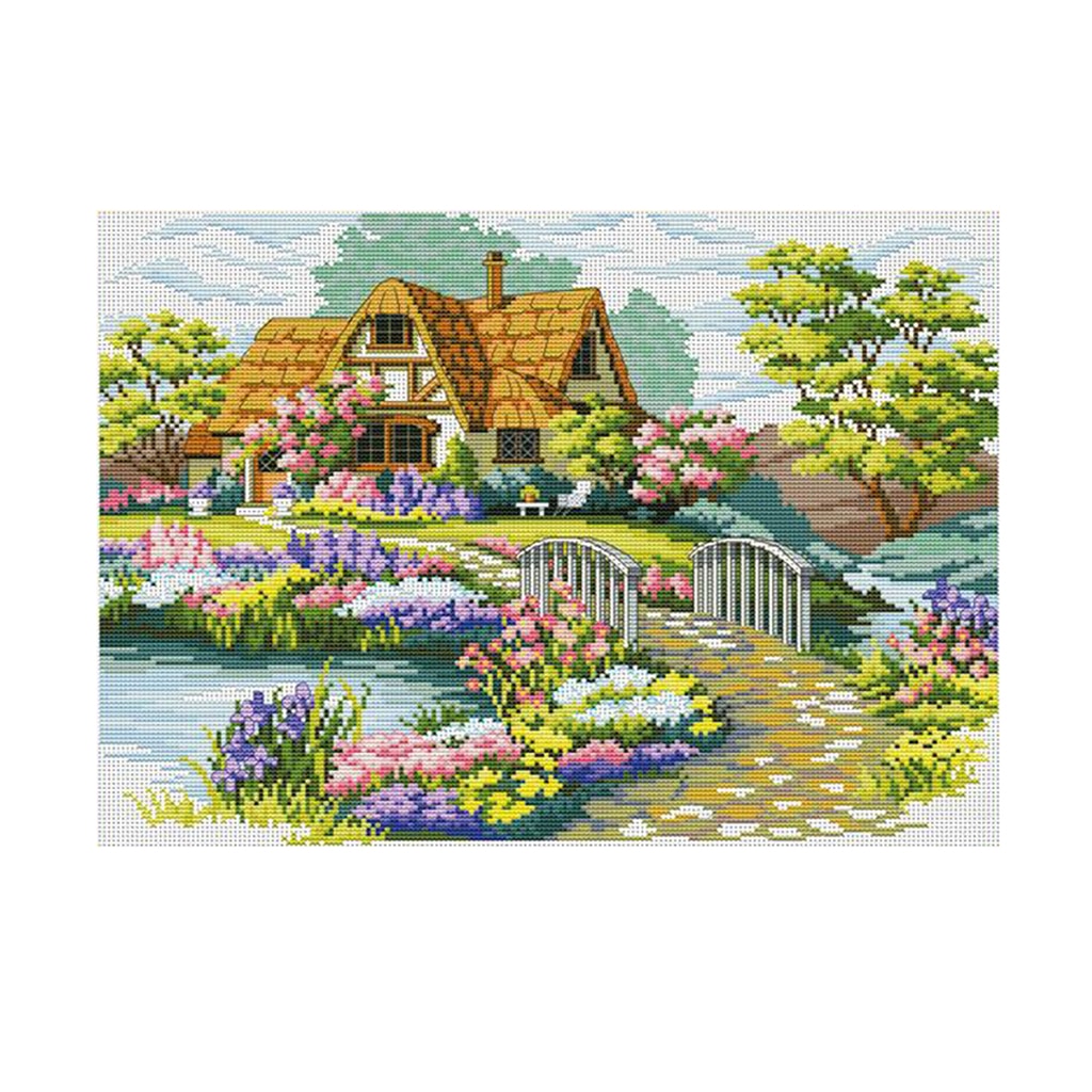 Stamped Cross Stitch Kit Pre-Printed Pattern Embroidery Kits -Garden Cottage