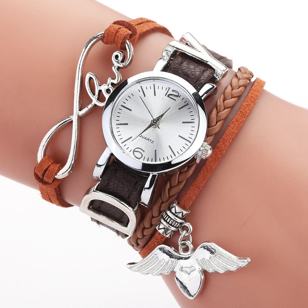 Duoya brand ure til kvinder luksus sølv hjerte vedhæng læderbælte kvarts ur damer armbåndsur armbånd zegarek damski: Brun