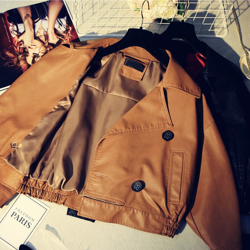 Blouson manches chauve-souris en similicuir femme, ample pour motard , grand revers court à la décontracté