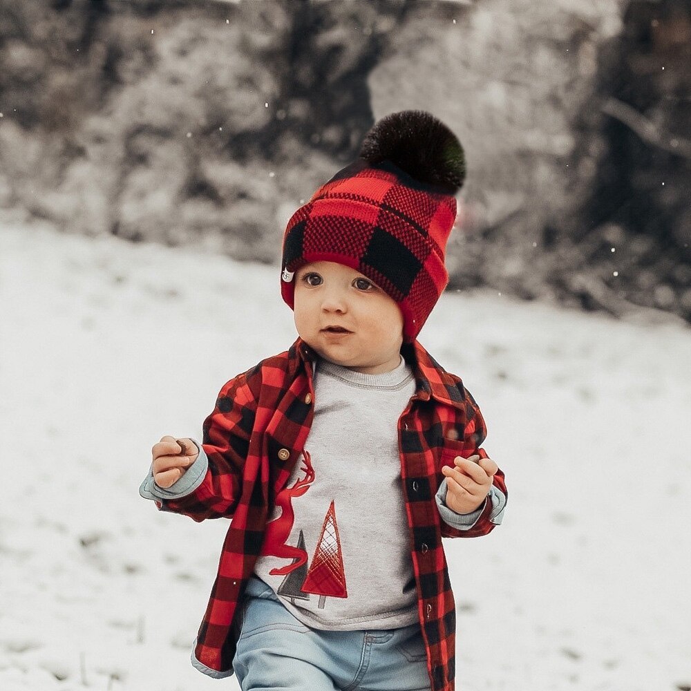 Knitted Hat Fashionable Plaid Woolen Hat Christmas Knitted Cap for Adults Kids Red