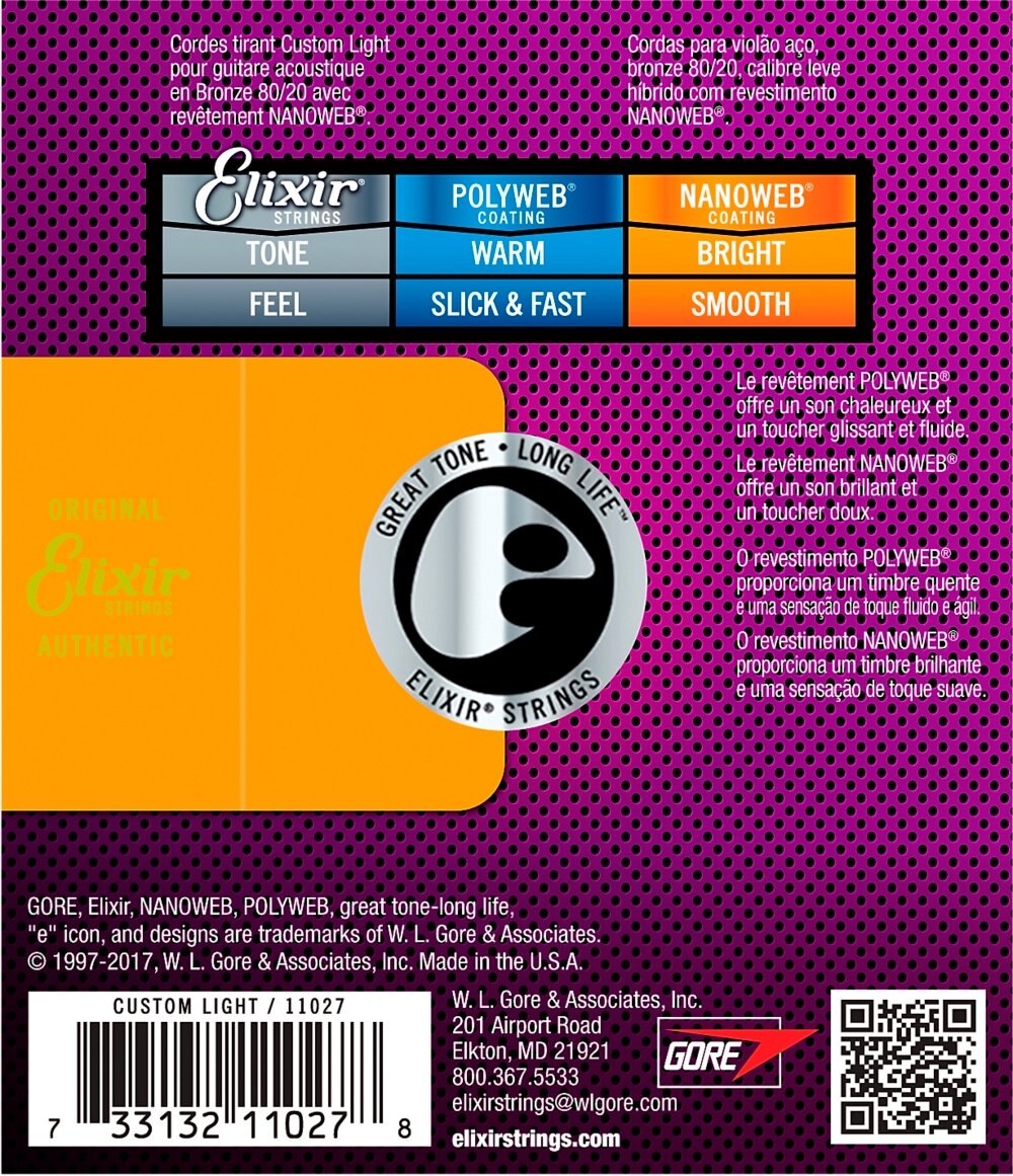 Elixir Nanoweb 11027 Coating 80/20 Brons Akoestische Gitaar Snaren Custom Light 011-052