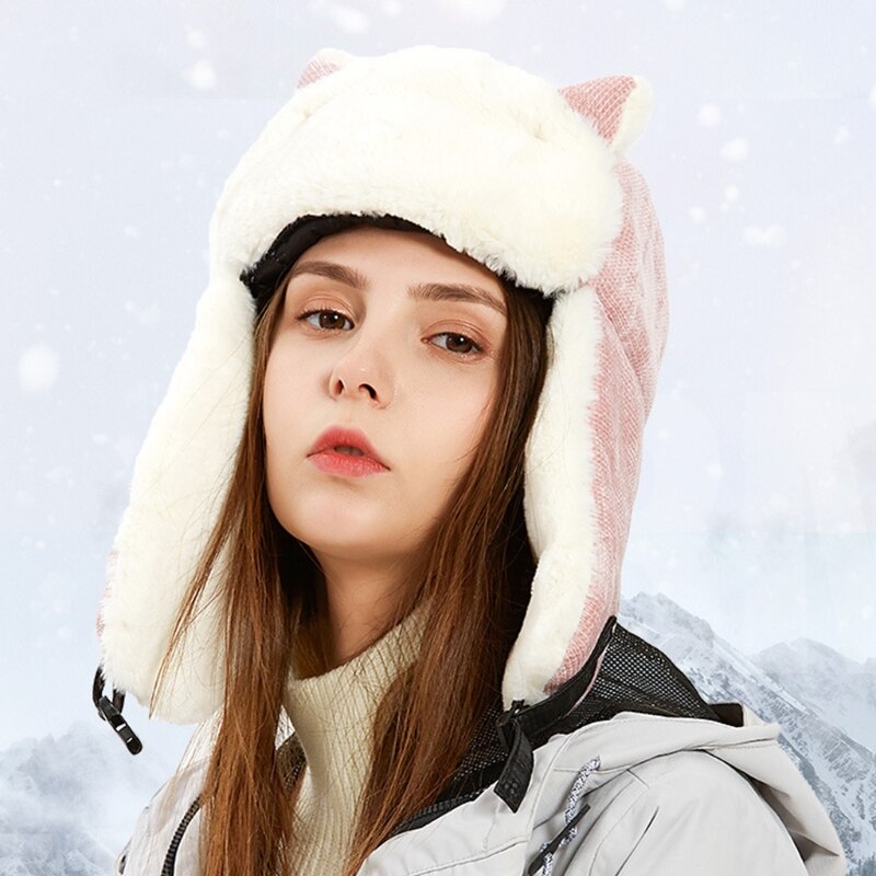 Women Winter Thicken Plush Lining Trooper Bomber Hat Lady Cute Cat Ears Outdoor Cold Weather Snow Ski Windproof Earflap Cap