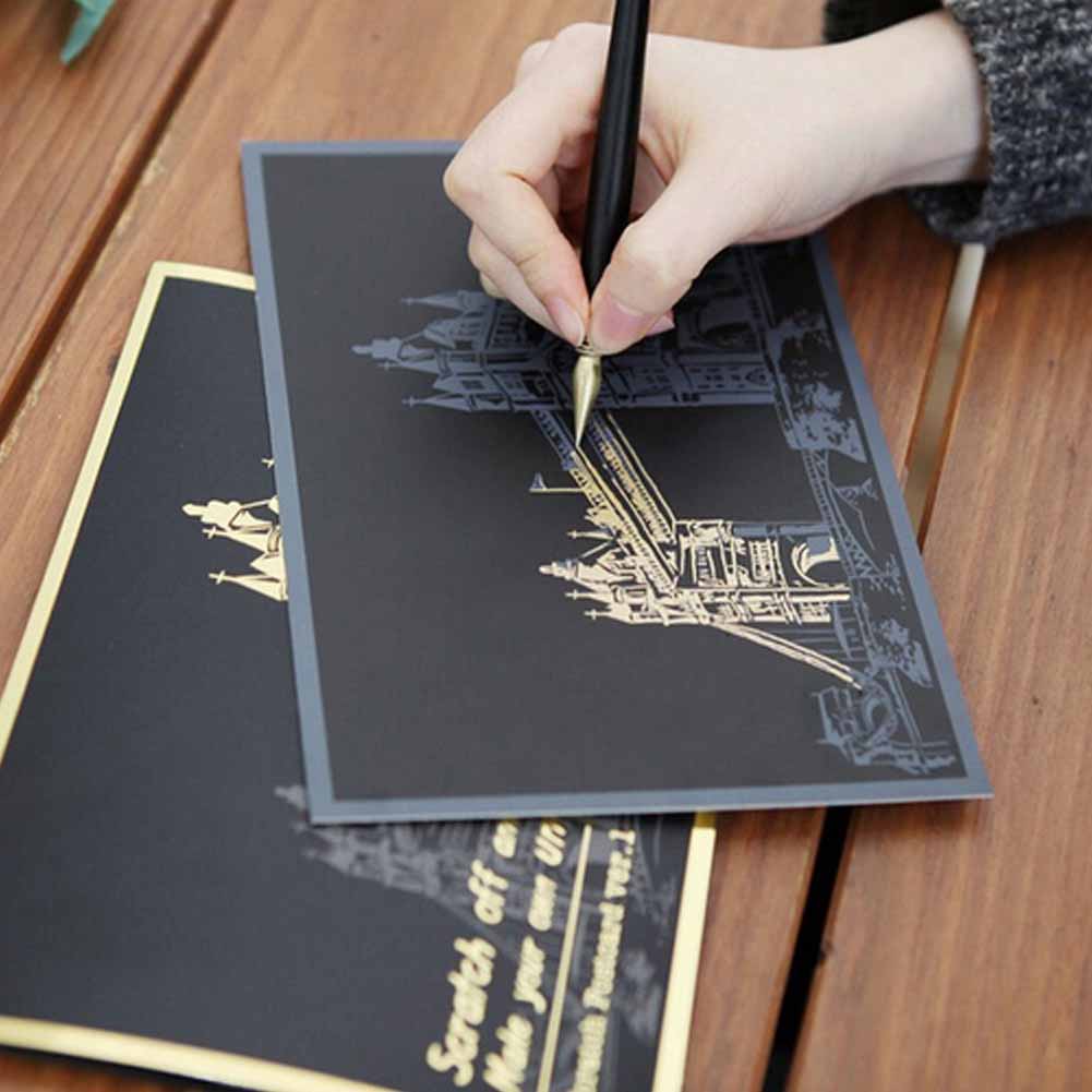 4 stk graveringskunst skrapesett fargerik nattutsikt sett scratch håndverk tegnepapir+ penn 20*14cm fyrverkeribilder postkort
