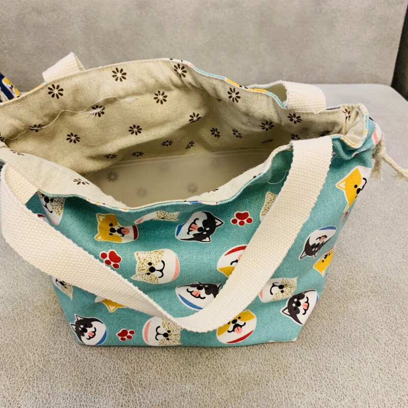 Japanse lunchbox tas cartoon schattige bedrukte canvas stof trekkoord werkende lunchtas