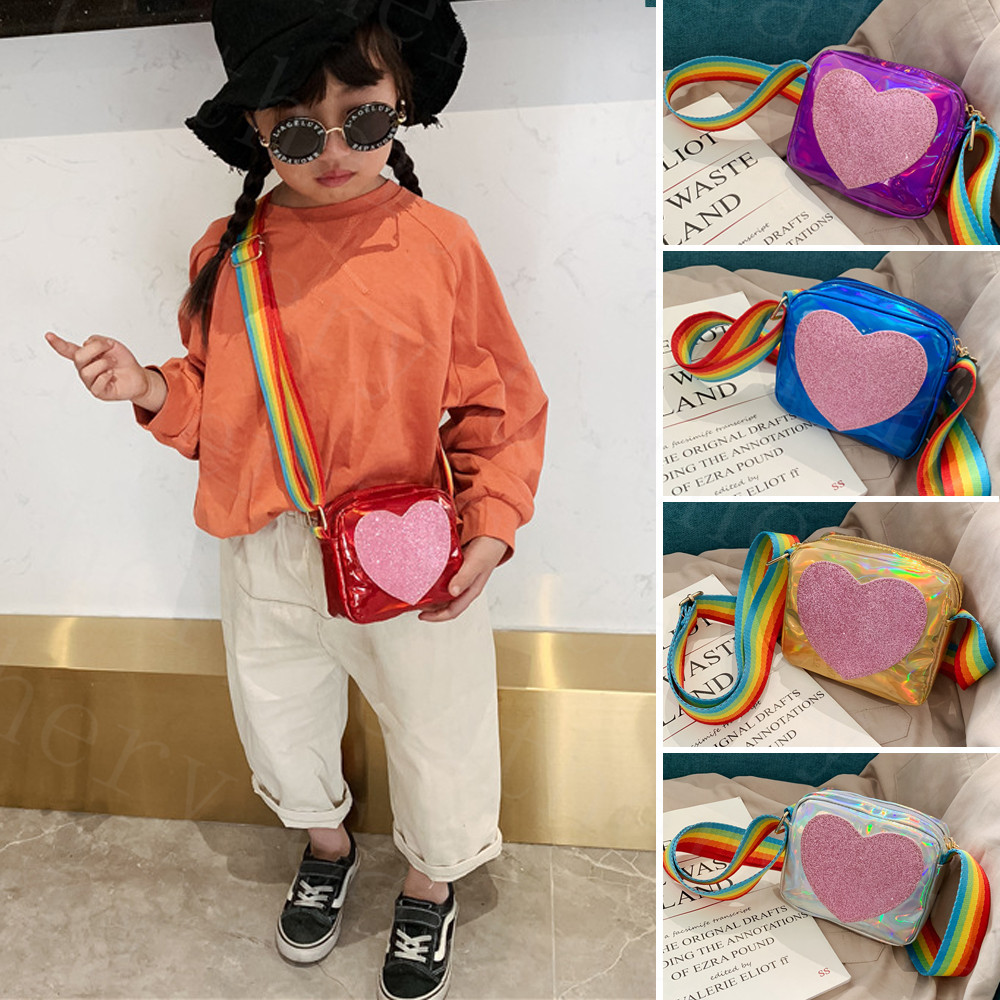 Sommer taske børn børn piger håndtaske lynlås pu læder skinnende hjerte print crossbody skulder messenger taske