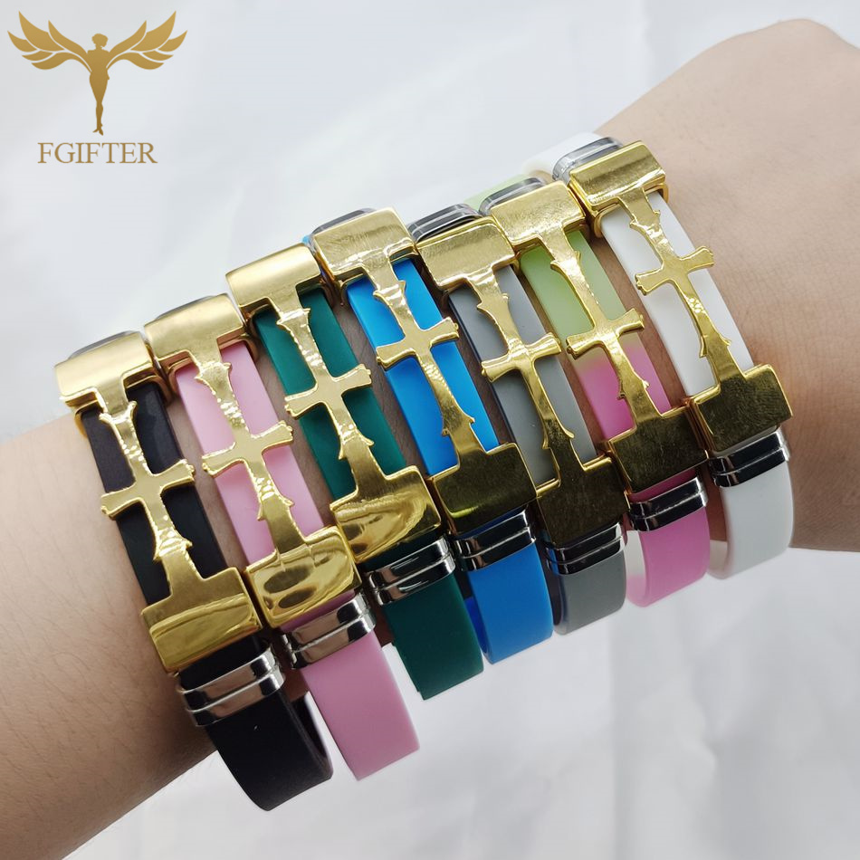 Guldfarvet rustfrit stål kors symbol tilbehør armbånd flere farver gummi armbånd kristen religion smykker