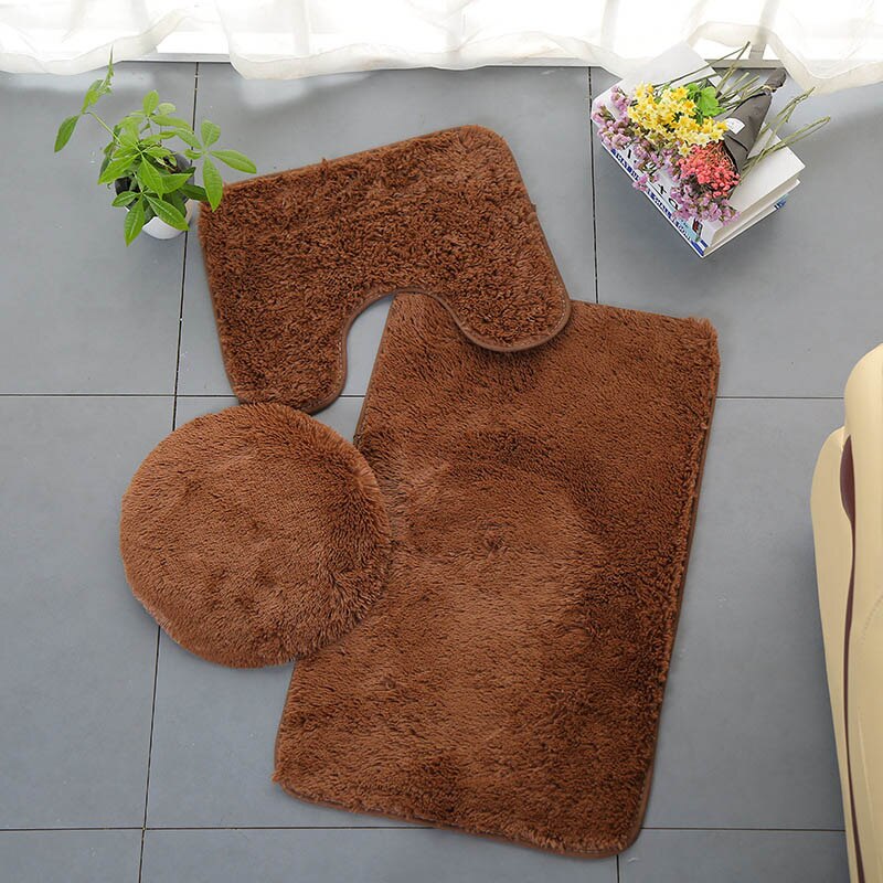 Set van 3 badmatten, grijs, toiletmatten, fleece, antislip badkamertapijt, toiletdeksel, waterabsorberend, douchematten, vloermat.: 3 stuks bruin