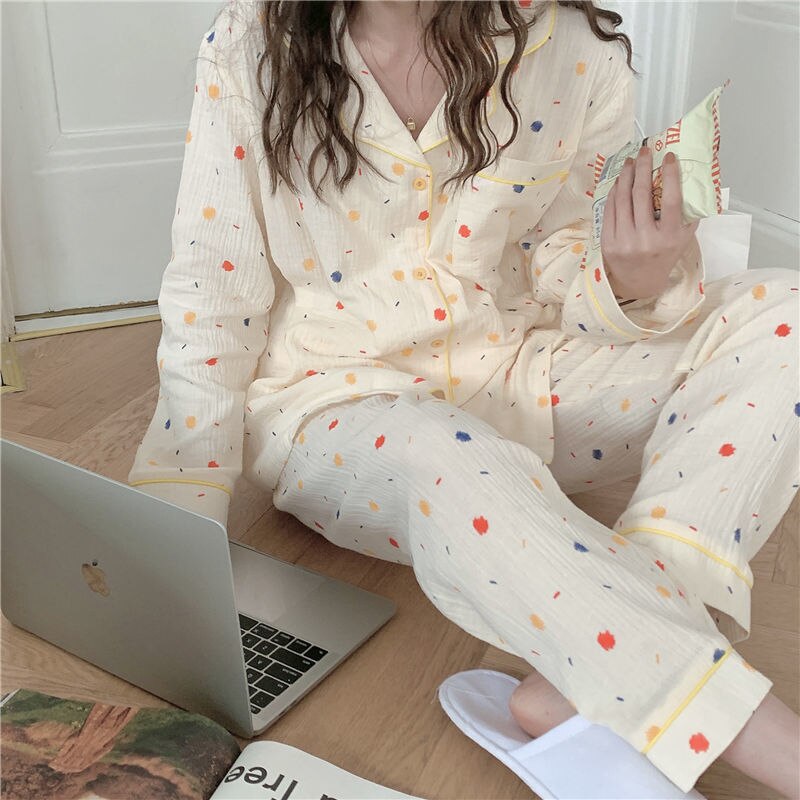 Pijama de algodón de lunares para mujer, ropa de dormir Coreana de manga larga, conjuntos de pijamas para mujer, traje de Rebeca