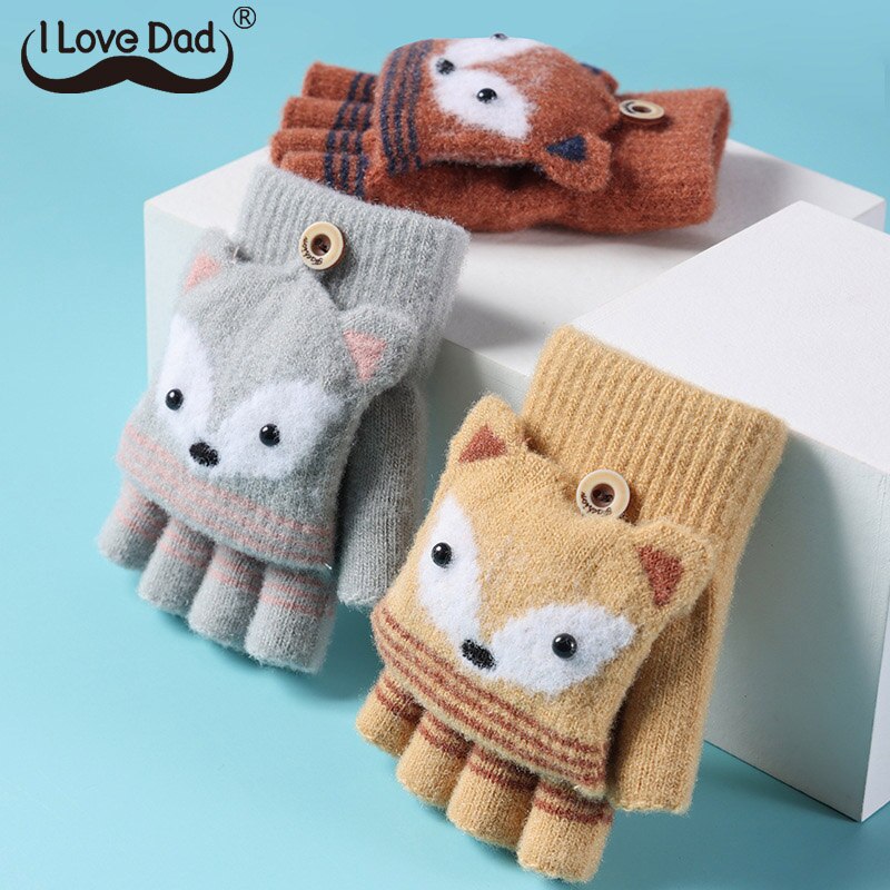 Leuke Cartoon Vos Kinderen Handschoenen Zachte Warme Gebreide Halve Vinger Jongens Meisjes Handschoenen Winter Outdoor Vijf Vingers Baby Handschoenen wanten