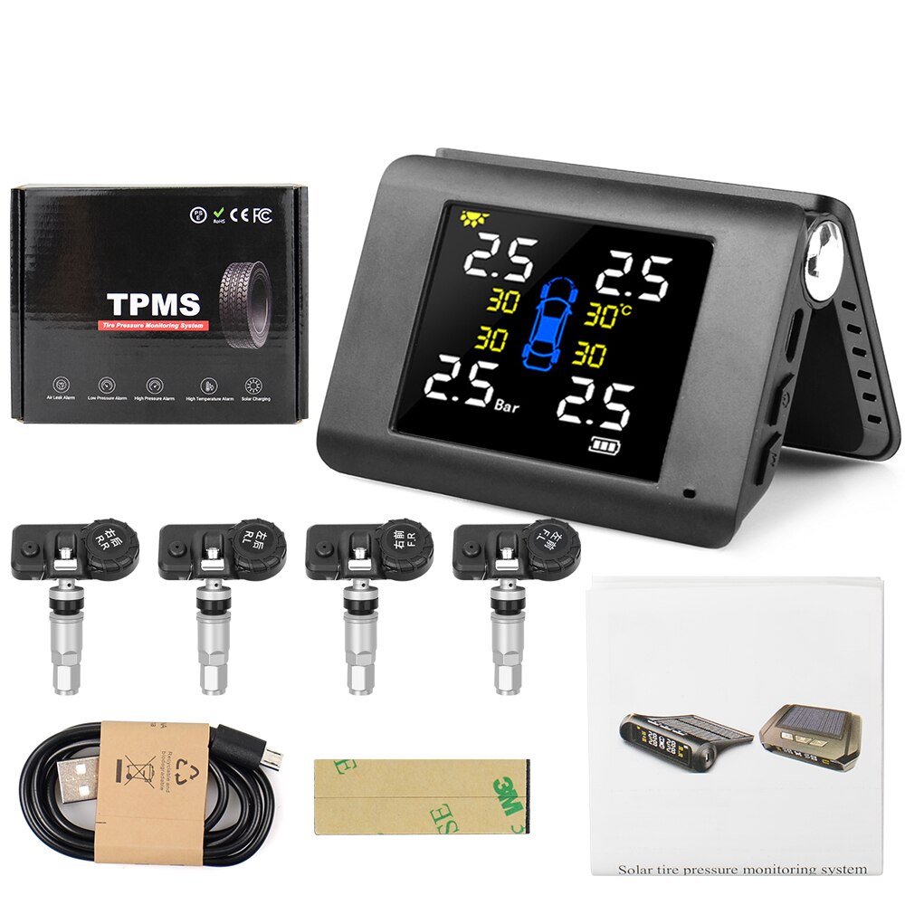 TPMS Solar Power Tyre Pressure Monitoring System with 4 Sensors LCD Real-time Display Car Tire Pressure Auto Alarm System