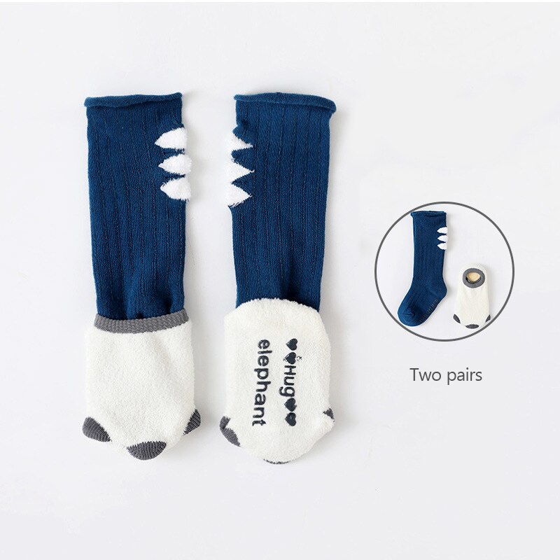 2 Pair/set Cartoon Dinosaur Baby Socks Winter Autumn Non Slip Warm Cotton Kids Socks For Boys Girls 0-12M: blue