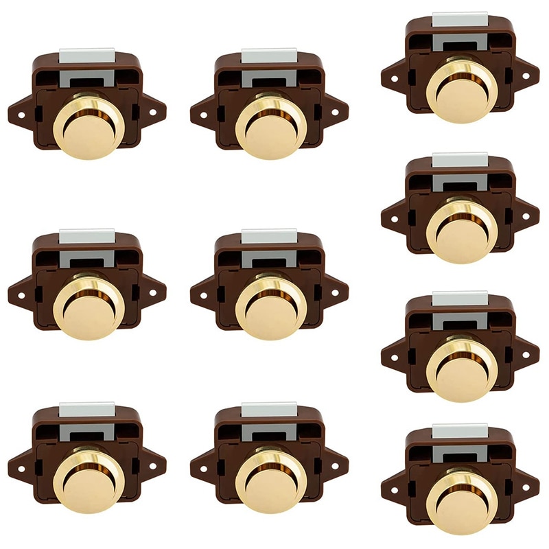 10Pcs Camper Car Push Lock Push Button Latch Keyless Door Lock 20mm Brown for RV Caravan Boat Drawer Latch Button Locks